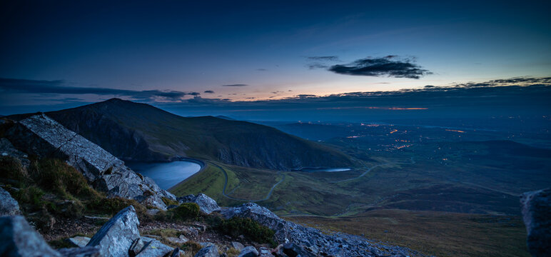 Panoramic view of Elidir Fawr and Marchlyn Mawr after sunset in Snowdonia National Park