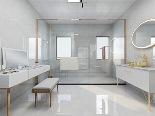 The bathroom is clean and tidy with bath room, dressing table, etc