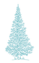Christmas blue tree. Conifer fluffy spruce. New year fir-tree postcard. Hand drawn contour vector line sketch.
