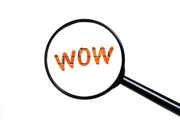 wow text and magnifying glass on white background.