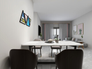 Clean and tidy dining room has wooden table and chair, very neat and clean