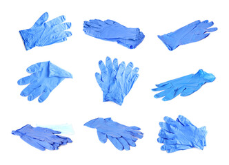 Set of medical gloves on white background
