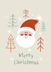 Greeting card  with face Santa Claus and Christmas trees