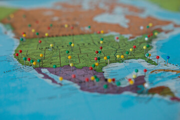 Fototapeta na wymiar North america visited places pin map. USA map
