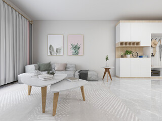 There are cloth sofa and table in the clean living room