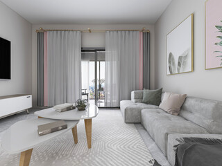 There are cloth sofa and table in the clean living room