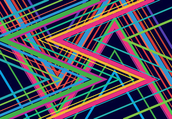 Vivid, vibrant zig-zag, criss-cross, serrated, crinkled angular grid, mesh, lattice or grating, grill of random angled lines. Abstract geometric colorful, multi-color background, texture and pattern