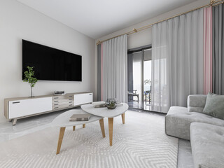 There are cloth sofa and table in the clean living room