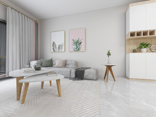 There are cloth sofa and table in the clean living room