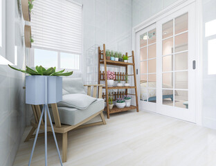 The sunny balcony has tables, chairs, green plants and so on. The sunlight comes in, which is very leisurely and comfortable
