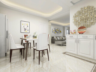 Clean and tidy dining room has wooden table and chair, very neat and clean