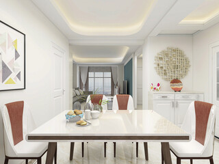 Clean and tidy dining room has wooden table and chair, very neat and clean