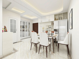 Clean and tidy dining room has wooden table and chair, very neat and clean
