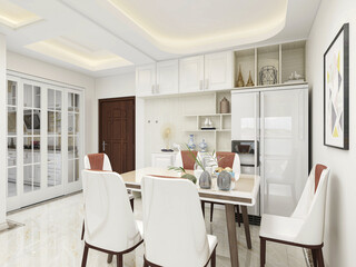 Clean and tidy dining room has wooden table and chair, very neat and clean