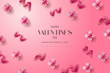 Fototapeta na wymiar valentines day background with scattered gift boxes with pink ribbons.