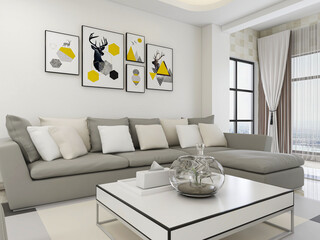 There are cloth sofa and table in the clean living room