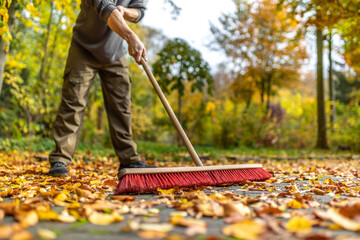 Mit großem Besen Blätter im Herbst zusammen fegen