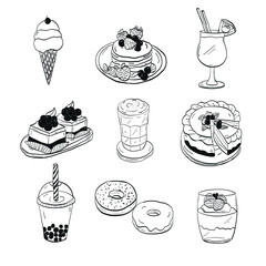 Cafe set hand drawn doodle elements. Vector illustration of sweet tooth or dessert for background, web design, elements, icon, symbol, highlight cover stories, textile print, menu, banner