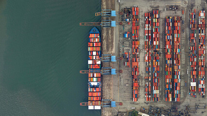 trade, ships and containers looking down aerial view from above, bird’s eye view, port of Santos, Brazil - obrazy, fototapety, plakaty