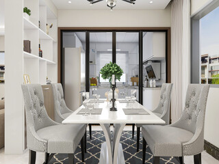 Clean and tidy dining room has wooden table and chair, very neat and clean