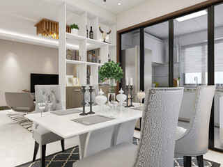 Clean and tidy dining room has wooden table and chair, very neat and clean