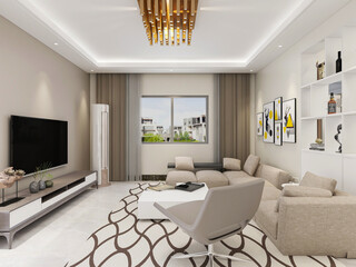 There are cloth sofa and table in the clean living room