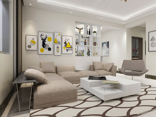 There are cloth sofa and table in the clean living room