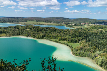 Top view of the 4 lakes of the Frasnois village, Jura