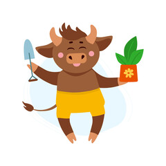 Vector illustration of cow, ox or bull in shorts with pot with plant and garden tool plantings. Year of bull 2021 concept. Plantings in garden concept