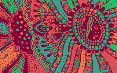 Colorful ornament doodle pattern. Dark colored geometric art with floral motifs. Psychedelic texture. Zentangle pattern. Vector illustration