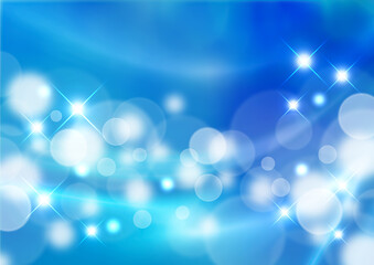 星が煌めく空　白い透明な水玉模様と曲線　宇宙のイメージ　背景素材　青い背景色　横型