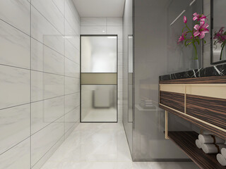 Clean and tidy bathroom, there are washstand, shower, toilet, bathtub and so on