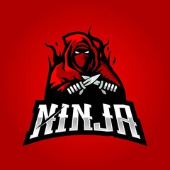 Ninja mascot logo design vector with modern illustration concept style for badge, emblem and t-shirt printing. Red ninja with knife for eSport © Artchilles
