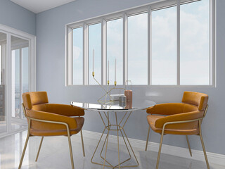The sunny balcony has tables, chairs, green plants and so on. The sunlight comes in, which is very leisurely and comfortable