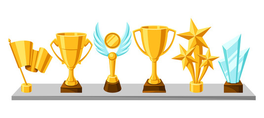 Awards and trophy on shelf.