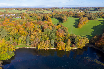 A beautiful aerial photo in the autumn fall at the park in Leeds West Yorkshire known as Roundhay Park showing the brown and green colours on the trees