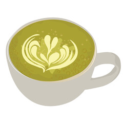 Matcha latte vector stock illustration. Green Japanese tea in a mug. Refreshing drink in a white coffee Cup. Isolated on a white background.