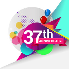 37th Years Anniversary logo with colorful geometric background, vector design template elements for your birthday celebration.
