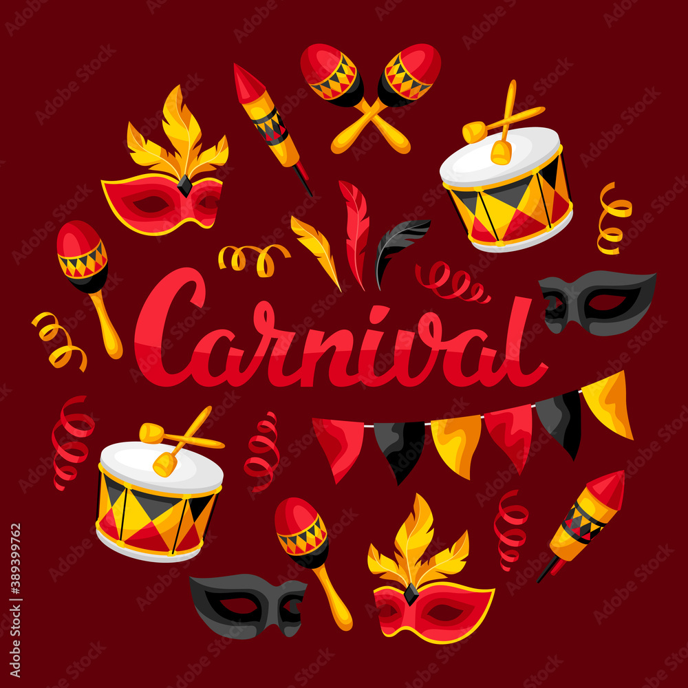 Wall mural carnival party background with celebration icons, objects and decor.