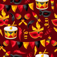 Carnival party seamless pattern with celebration icons, objects and decor.