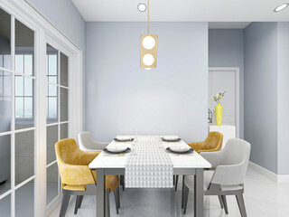 Clean and tidy dining room has wooden table and chair, very neat and clean