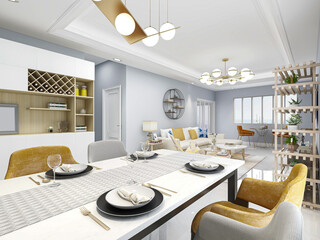 Clean and tidy dining room has wooden table and chair, very neat and clean
