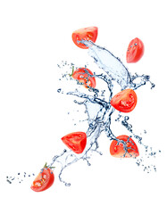 Fresh cut tomatoes with water splash on white background