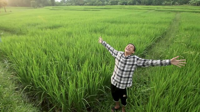 Good mood of young asian man breathing fresh air and rised arms up in middle green fields at sunset background. Environment friendly, leisure during travel at rural country concept.