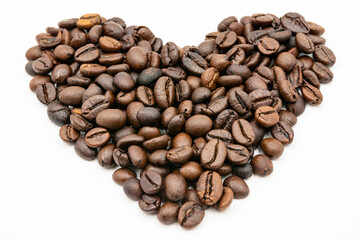 Coffee beans heart shaped isolated on white background
