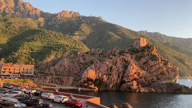 Porto Ota, Corsica, France - The Genovese tower at Porto Ota during sunset.