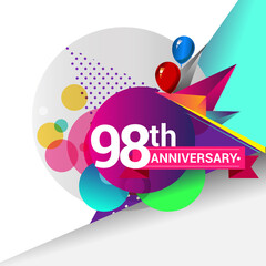 98th Years Anniversary logo with colorful geometric background, vector design template elements for your birthday celebration.