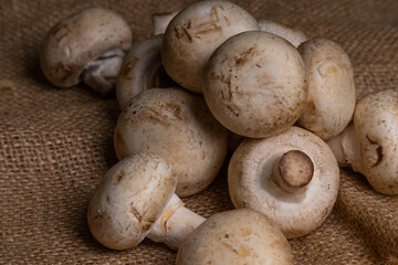 Fresh Button Mushroom on wooden table.