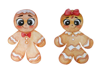 Christmas characters. Cute couple gingery of gingerbread men - boy and girl. Watercolor. Isolated on white background. Hand drawing. High quality illustration