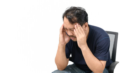 Fototapeta premium Middle-aged man sitting on chair and feeling stressed and headache isolated